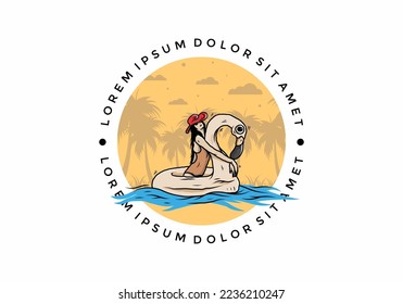 Illustration design of a Girl wearing beach hat in an inflatable lifebuoy Flamingo