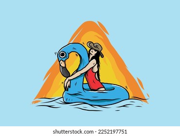 Illustration design of a Girl wearing beach hat in an inflatable lifebuoy Flamingo