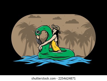 Illustration design of a Girl wearing beach hat in an inflatable lifebuoy Flamingo