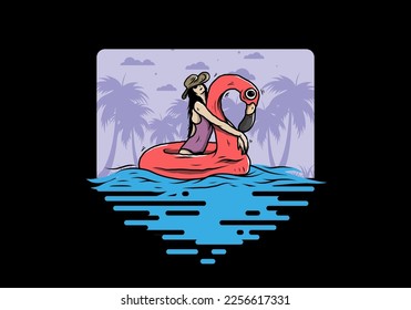 Illustration design of a Girl wearing beach hat in an inflatable lifebuoy Flamingo