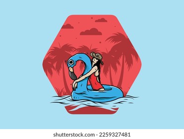 Illustration design of a Girl wearing beach hat in an inflatable lifebuoy Flamingo