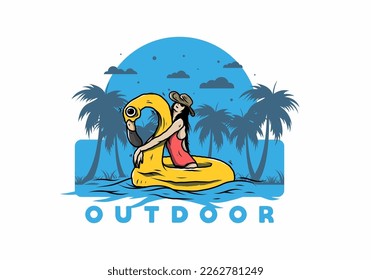 Illustration design of a Girl wearing beach hat in an inflatable lifebuoy Flamingo