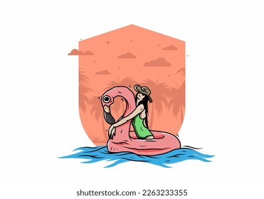 Illustration design of a Girl wearing beach hat in an inflatable lifebuoy Flamingo