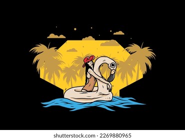Illustration design of a Girl wearing beach hat in an inflatable lifebuoy Flamingo