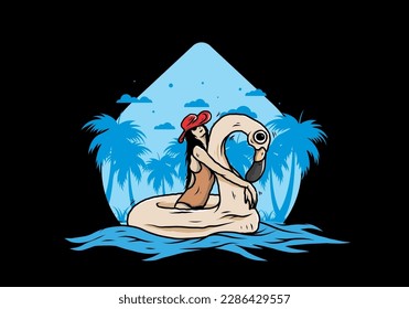 Illustration design of a Girl wearing beach hat in an inflatable lifebuoy Flamingo