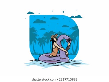 Illustration design of a Girl wearing beach hat in an inflatable lifebuoy Flamingo