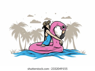 Illustration design of a Girl wearing beach hat in an inflatable lifebuoy Flamingo