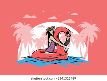 Illustration design of a Girl wearing beach hat in an inflatable lifebuoy Flamingo