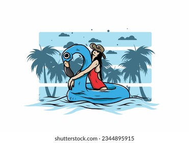 Illustration design of a Girl wearing beach hat in an inflatable lifebuoy Flamingo