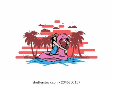 Illustration design of a Girl wearing beach hat in an inflatable lifebuoy Flamingo
