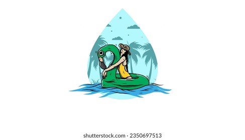 Illustration design of a Girl wearing beach hat in an inflatable lifebuoy Flamingo