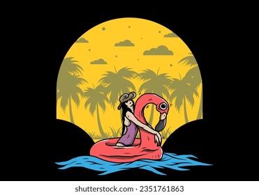 Illustration design of a Girl wearing beach hat in an inflatable lifebuoy Flamingo