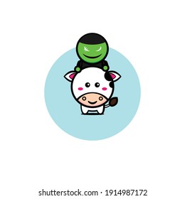 Illustration design of a goblin character riding a cute cow