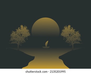 illustration design with a graphic background of moon and lake views at night