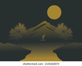 illustration design with a graphic background of mountain and lake views at night