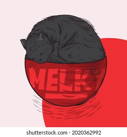 illustration design of a gray cat in a red bowl deep asleep