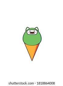 Illustration design of green cat ice cream with cone shaped container