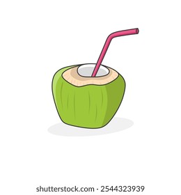 Illustration design of a green young coconut with a pink straw, symbolizing tropical drinks and refreshing summer atmosphere. Perfect for concepts related to vacations and relaxation on the beach.