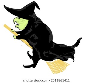 Illustration design of a green-skinned ugly witch wearing a black cloak and hat flying on a broomstick