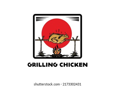 Illustration design of a Grilling chicken over bonfire