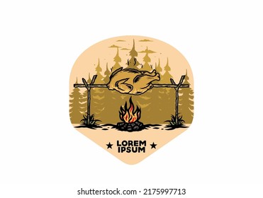 Illustration design of a Grilling chicken over bonfire