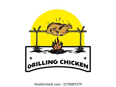 Illustration-Design eines Grillhühnchens auf Feuer