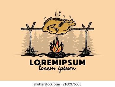 Diseño ilustrativo de un pollo asador sobre fuego artificial