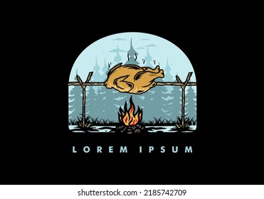 Illustration design of a Grilling chicken over bonfire