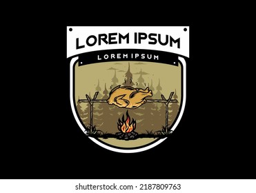 Illustration design of a Grilling chicken over bonfire