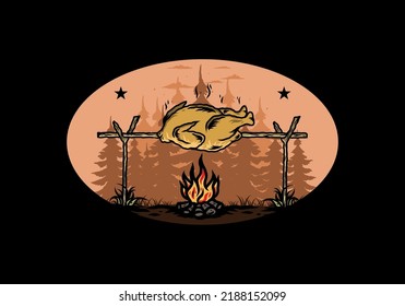 Illustration design of a Grilling chicken over bonfire