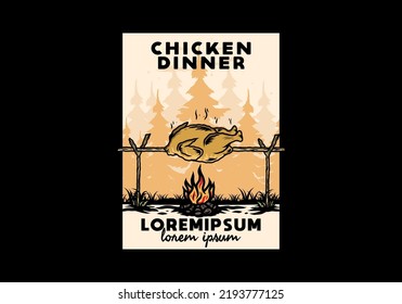 Illustration design of a Grilling chicken over bonfire
