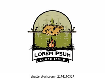 Illustration design of a Grilling chicken over bonfire