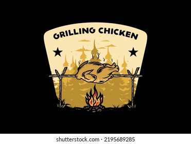 Illustration design of a Grilling chicken over bonfire
