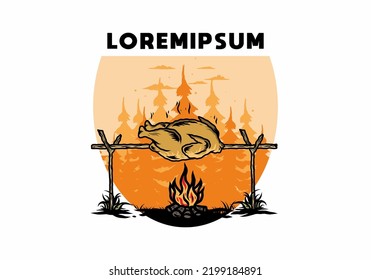 Illustration-Design eines Grillhühnchens auf Feuer
