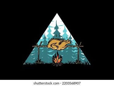 Illustration design of a Grilling chicken over bonfire