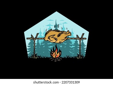 Illustration design of a Grilling chicken over bonfire