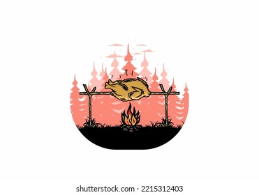 Illustration design of a Grilling chicken over bonfire