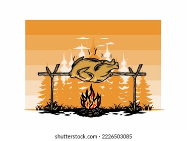 Illustration-Design eines Grillhühnchens auf Feuer