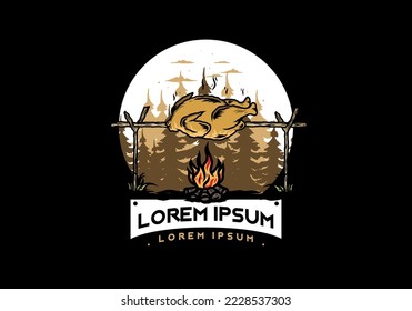 Illustration design of a Grilling chicken over bonfire