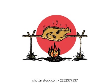 Illustration design of a Grilling chicken over bonfire