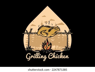 Illustration design of a Grilling chicken over bonfire