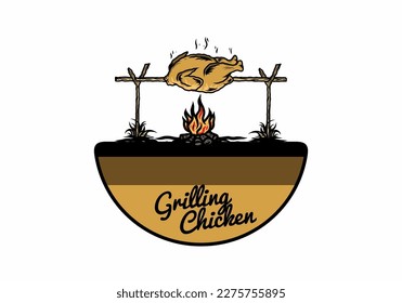 Illustration design of a Grilling chicken over bonfire