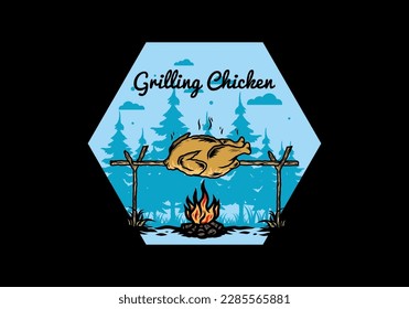 Illustration design of a Grilling chicken over bonfire