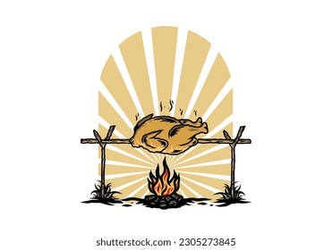 Diseño ilustrativo de un pollo asador sobre fuego artificial