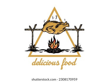 Diseño ilustrativo de un pollo asador sobre fuego artificial