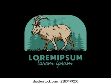Illustration design of a Hairy mountain goat with long horns