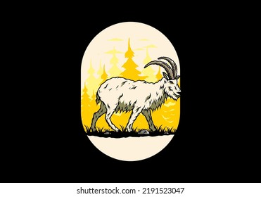 Illustration design of a Hairy mountain goat with long horns
