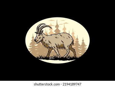 Illustration design of a Hairy mountain goat with long horns
