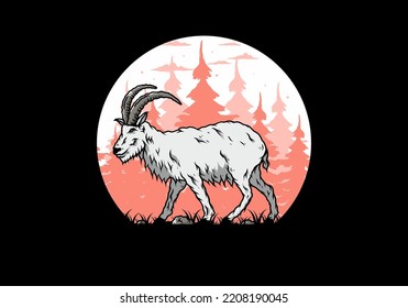 Illustration design of a Hairy mountain goat with long horns