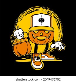 Illustration design of halloween pumpkin character with candy trick or treat in black background. Good for logo, background, tshirt, banner